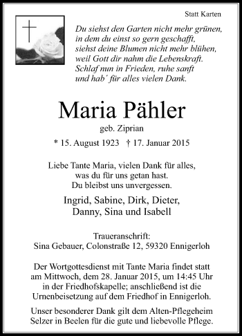 Traueranzeige von Maria Pähler von Die Glocke