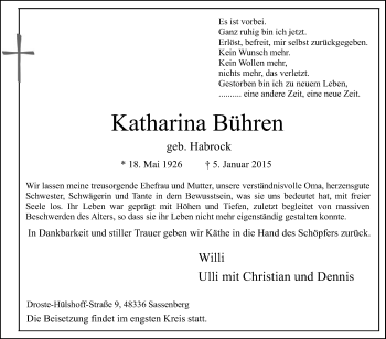 Traueranzeige von Katharina Bühren von Die Glocke