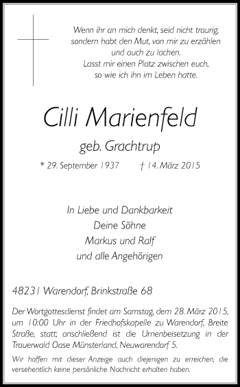 Traueranzeige von Cilli Marienfeld von Die Glocke