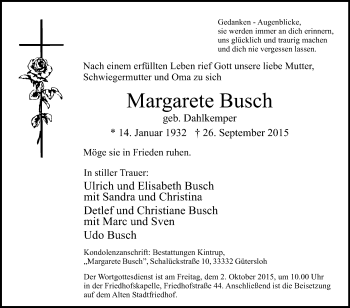 Traueranzeige von Margarete Busch von Die Glocke