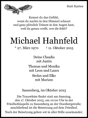 Traueranzeige von Michael Hahnfeld von Die Glocke