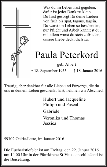 Traueranzeige von Paula Peterkord von Die Glocke