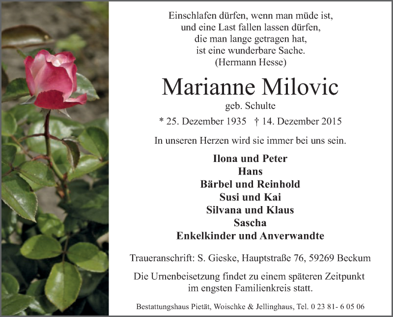  Traueranzeige für Marianne Milovic vom 19.12.2015 aus Die Glocke