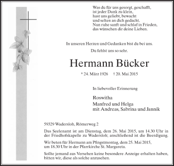 Traueranzeige von Hermann Bücker von Die Glocke