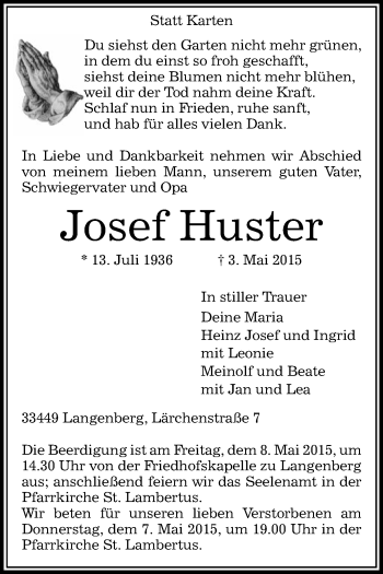 Traueranzeige von Josef Huster von Die Glocke