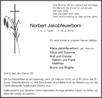 Traueranzeige von Norbert Jakobfeuerborn von Die Glocke