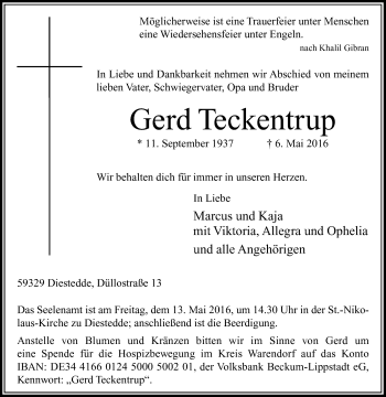 Traueranzeige von Gerd Teckentrup von Die Glocke