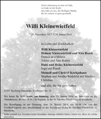 Traueranzeige von Willi Kleinewietfeld von Die Glocke