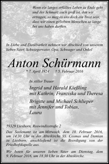 Traueranzeige von Anton Schürmann von Die Glocke