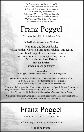 Traueranzeige von Franz Poggel von Die Glocke