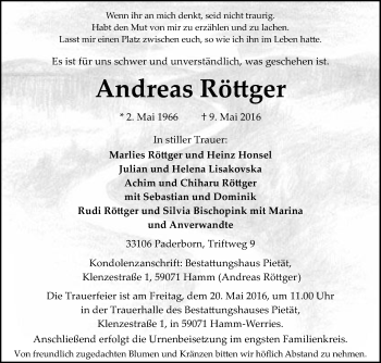 Traueranzeige von Andreas Röttger von Die Glocke