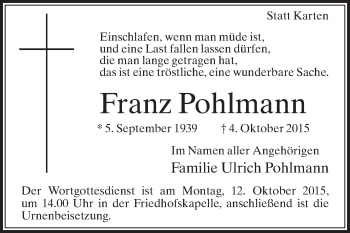 Traueranzeige von Franz Pohlmann von Die Glocke