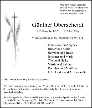 Traueranzeige von Günther Oberscheidt von Die Glocke