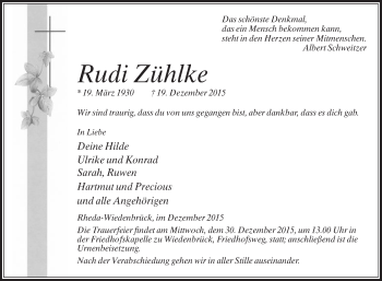 Traueranzeige von Rudi Zühlke von Die Glocke
