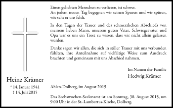 Traueranzeige von Heinz Krämer von Die Glocke