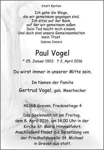 Traueranzeige von Paul Vogel von Die Glocke