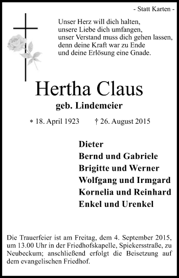 Traueranzeige von Hertha Claus von Die Glocke