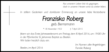 Traueranzeige von Franziska Roberg von Die Glocke