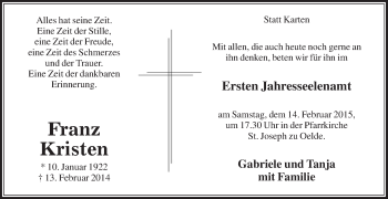 Traueranzeige von Franz Kristen von Die Glocke