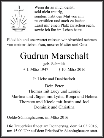 Traueranzeige von Gudrun Marschalt von Die Glocke