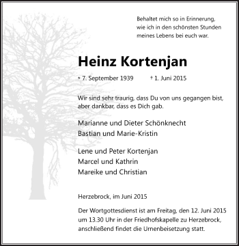Traueranzeige von Heinz Kortenjan von Die Glocke