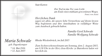 Traueranzeige von Maria Schwale von Die Glocke