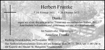 Traueranzeige von Herbert Fruntke von Die Glocke