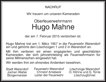 Traueranzeige von Hugo Mahne von Die Glocke