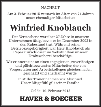 Traueranzeige von Winfried Knoblauch von Die Glocke