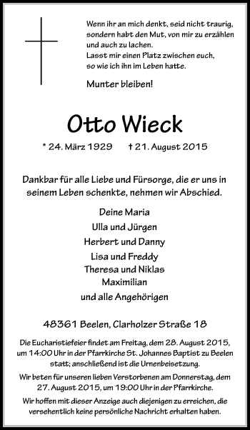 Traueranzeige von Otto Wieck von Die Glocke