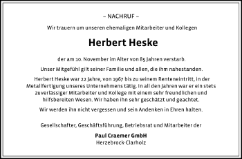 Traueranzeige von Herbert Heske von Die Glocke