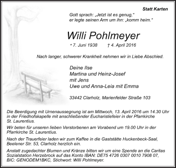 Traueranzeige von Willi Pohlmeyer von Die Glocke
