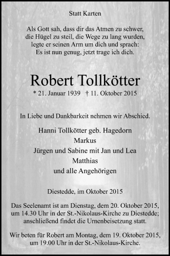 Traueranzeige von Robert Tollkötter von Die Glocke