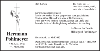 Traueranzeige von Hildegard Pohlmeyer von Die Glocke