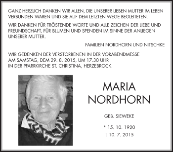 Traueranzeige von Maria Nordhorn von Die Glocke
