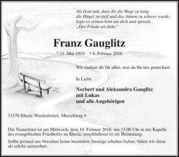 Traueranzeige von Franz Gauglitz von Die Glocke