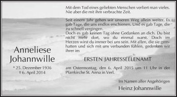 Traueranzeige von Anneliese Johannwille von Die Glocke