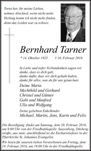 Traueranzeige von Bernhard Tarner von Die Glocke
