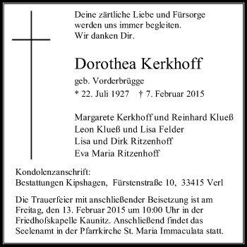 Traueranzeige von Dorothea Kerkhoff von Die Glocke