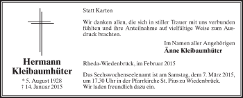 Traueranzeige von Hermann Kleibaumhüter von Die Glocke