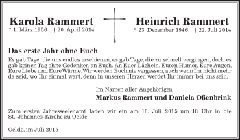 Traueranzeige von Karola und Heinrich Rammert von Die Glocke