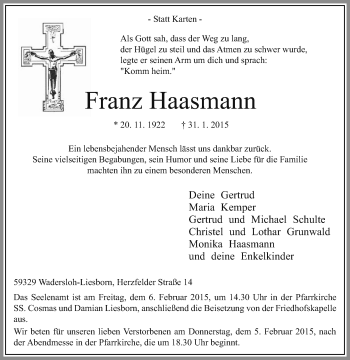 Traueranzeige von Franz Haasmann von Die Glocke