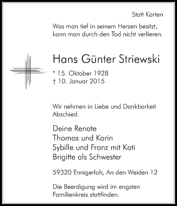 Traueranzeige von Hans Günter Striewski von Die Glocke