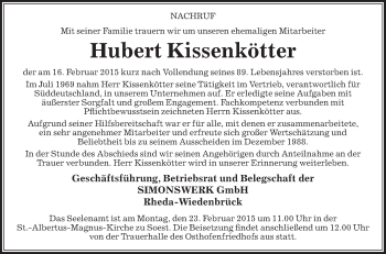 Traueranzeige von Hubert Kissenkötter von Die Glocke