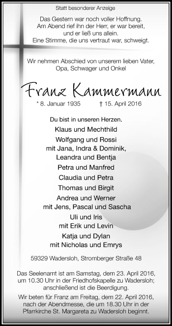 Traueranzeige von Franz Kammermann von Die Glocke