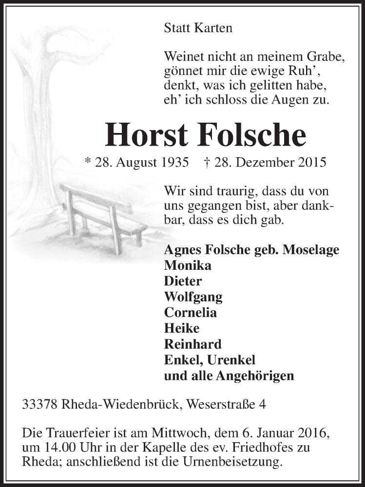  Traueranzeige für Horst Folsche vom 30.12.2015 aus Die Glocke