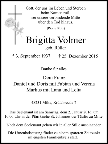 Traueranzeige von Brigitta Volmer von Die Glocke