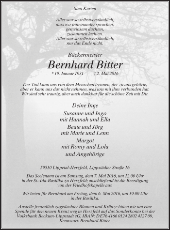 Traueranzeige von Bernhard Bitter von Die Glocke