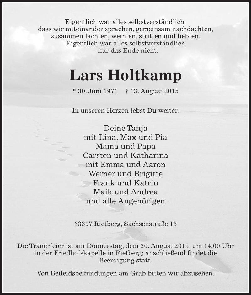  Traueranzeige für Lars Holtkamp vom 17.08.2015 aus Die Glocke