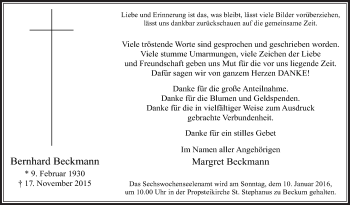 Traueranzeige von Bernhard Beckmann von Die Glocke